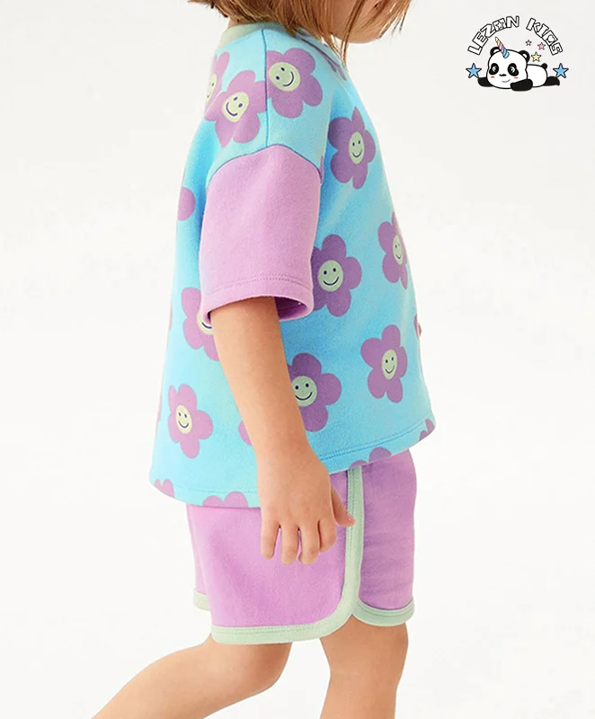 LEZONKIDS - Customized Kids Clothes Printed Color Block Style Cute Girls Summer Short Sleeve Pants Girls Set